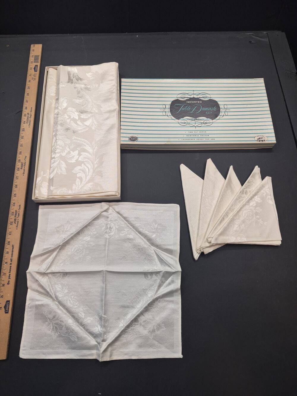 Vintage Steamship Brand Damask 1 Tablecloth and 6 Napkins